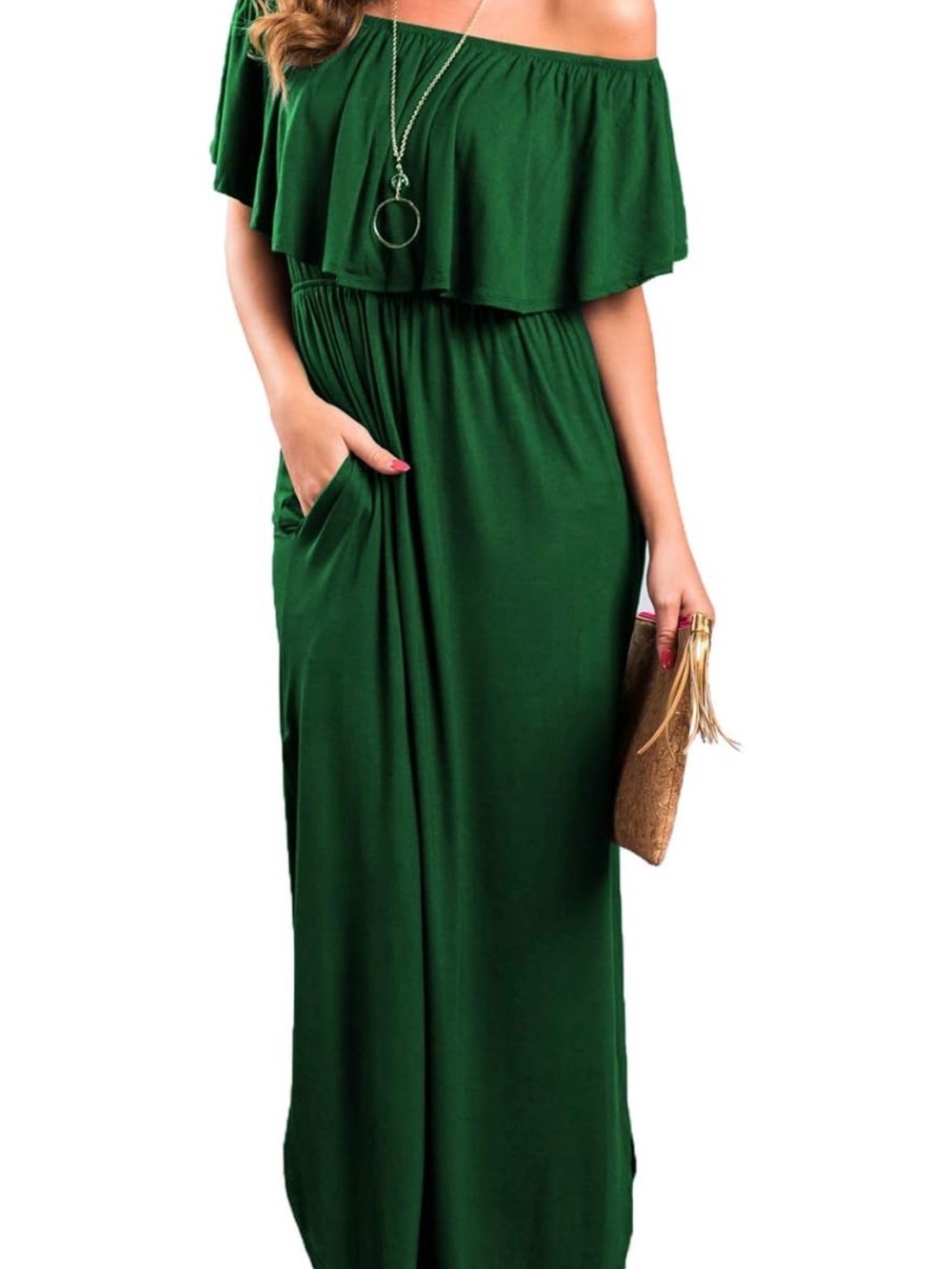 Off-Shoulder Emerald Green Maxi Dress with Ruffle Overlay